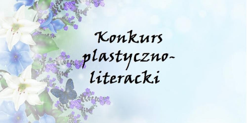 Na niebieskim kwiatowym polu napis: Konkurs plastyczno-literacki